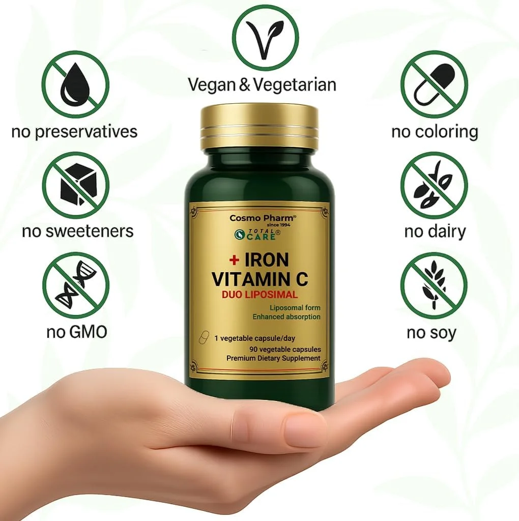 کپسول آهن لیپوزومال به همراه ویتامین C کوزمو فارم - جذب بالا، ملایم بر معده - افزایش انرژی و پشتیبانی از سیستم ایمنی - 1 کپسول گیاهی روزانه - 90 کپسول کپسول آهن لیپوزومال به همراه ویتامین C کوزمو فارم - جذب بالا، ملایم بر معده - افزایش انرژی و پشتیبانی از سیستم ایمنی - 1 کپسول گیاهی روزانه - 90 کپسول