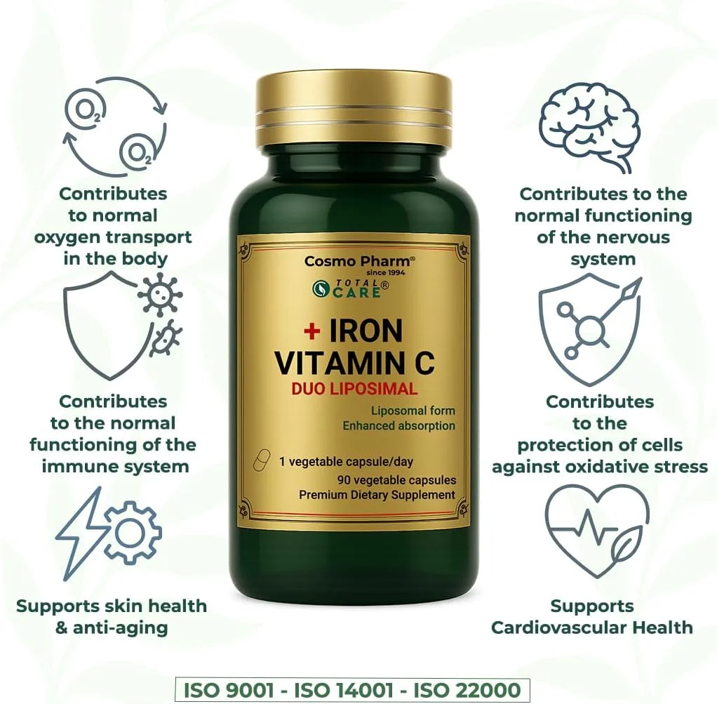 کپسول آهن لیپوزومال به همراه ویتامین C کوزمو فارم - جذب بالا، ملایم بر معده - افزایش انرژی و پشتیبانی از سیستم ایمنی - 1 کپسول گیاهی روزانه - 90 کپسول کپسول آهن لیپوزومال به همراه ویتامین C کوزمو فارم - جذب بالا، ملایم بر معده - افزایش انرژی و پشتیبانی از سیستم ایمنی - 1 کپسول گیاهی روزانه - 90 کپسول