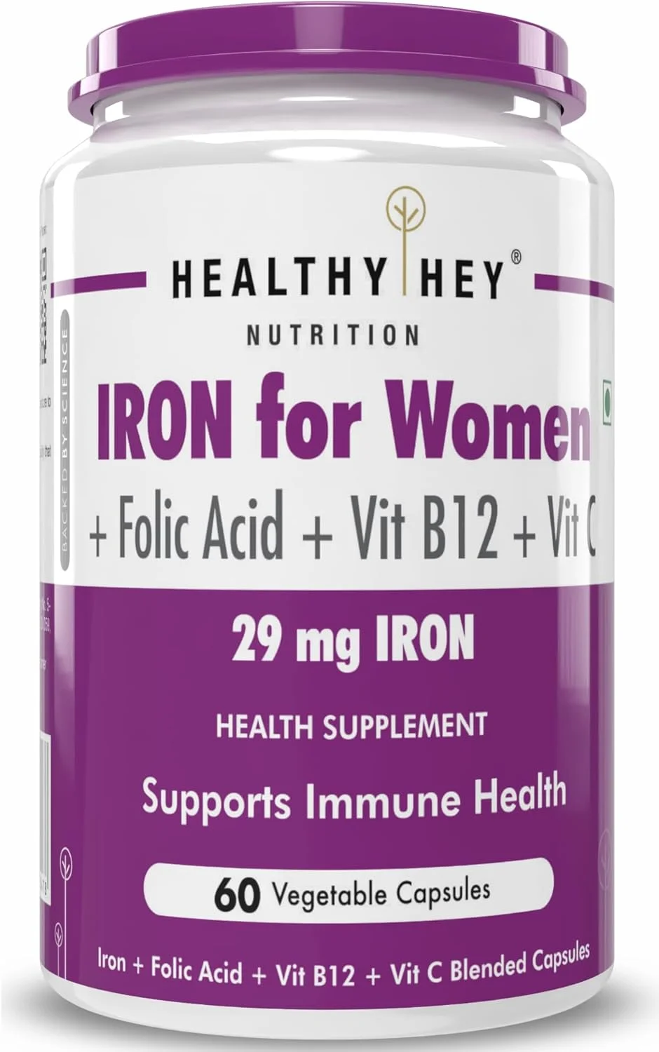 مکمل آهن HealthyHey Nutrition برای زنان - 100% کلاته - حاوی ویتامین B12، اسید فولیک و ویتامین C برای جذب بالا (60 کپسول گیاهی)
