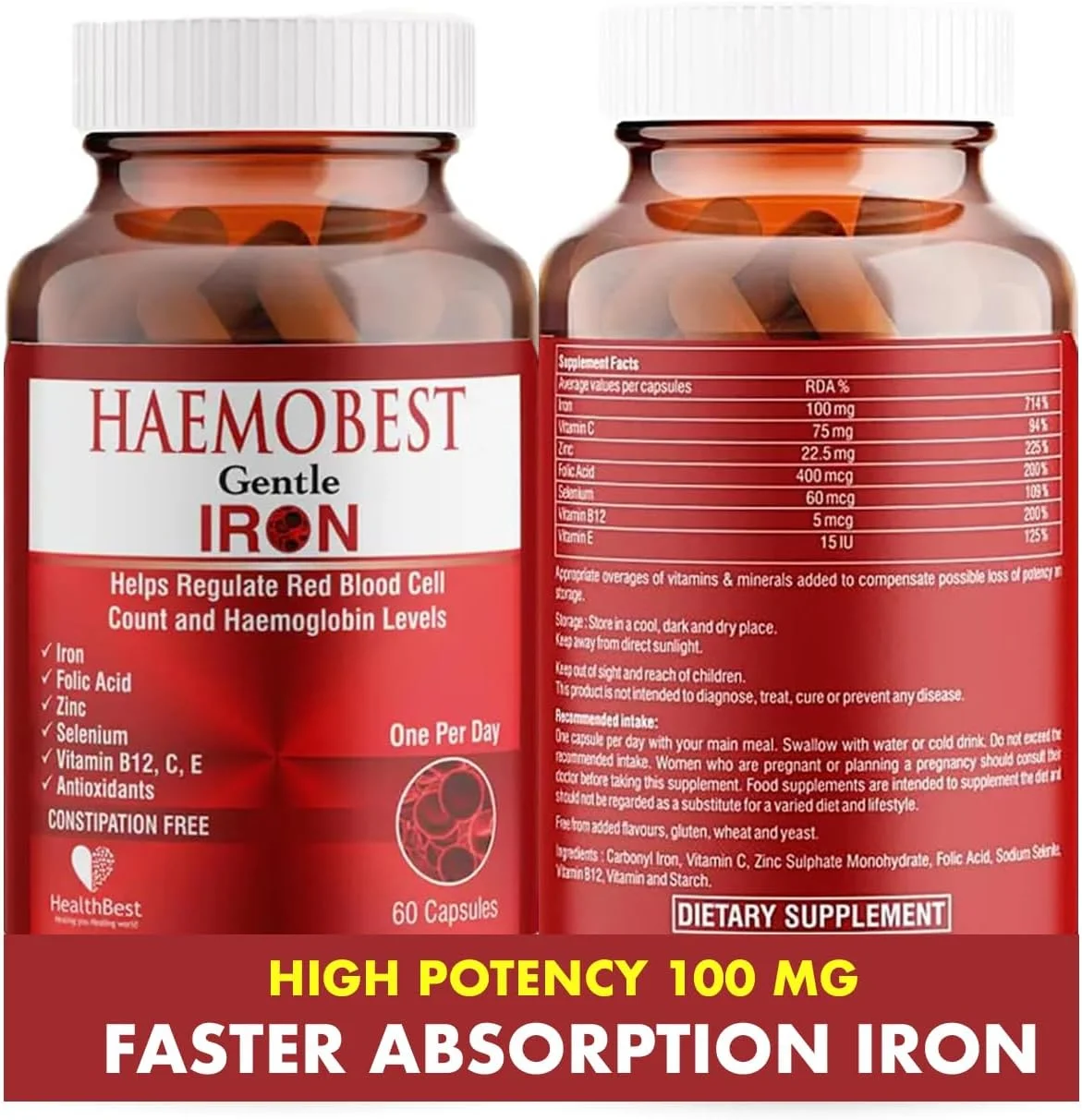 کپسول های مکمل آهن هموبست هلث بست | افزایش هموگلوبین | ایده آل برای معده های حساس - بدون ایجاد یبوست | مکمل گلبول قرمز | 60 کپسول کپسول های مکمل آهن هموبست هلث بست | افزایش هموگلوبین | ایده آل برای معده های حساس - بدون ایجاد یبوست | مکمل گلبول قرمز | 60 کپسول