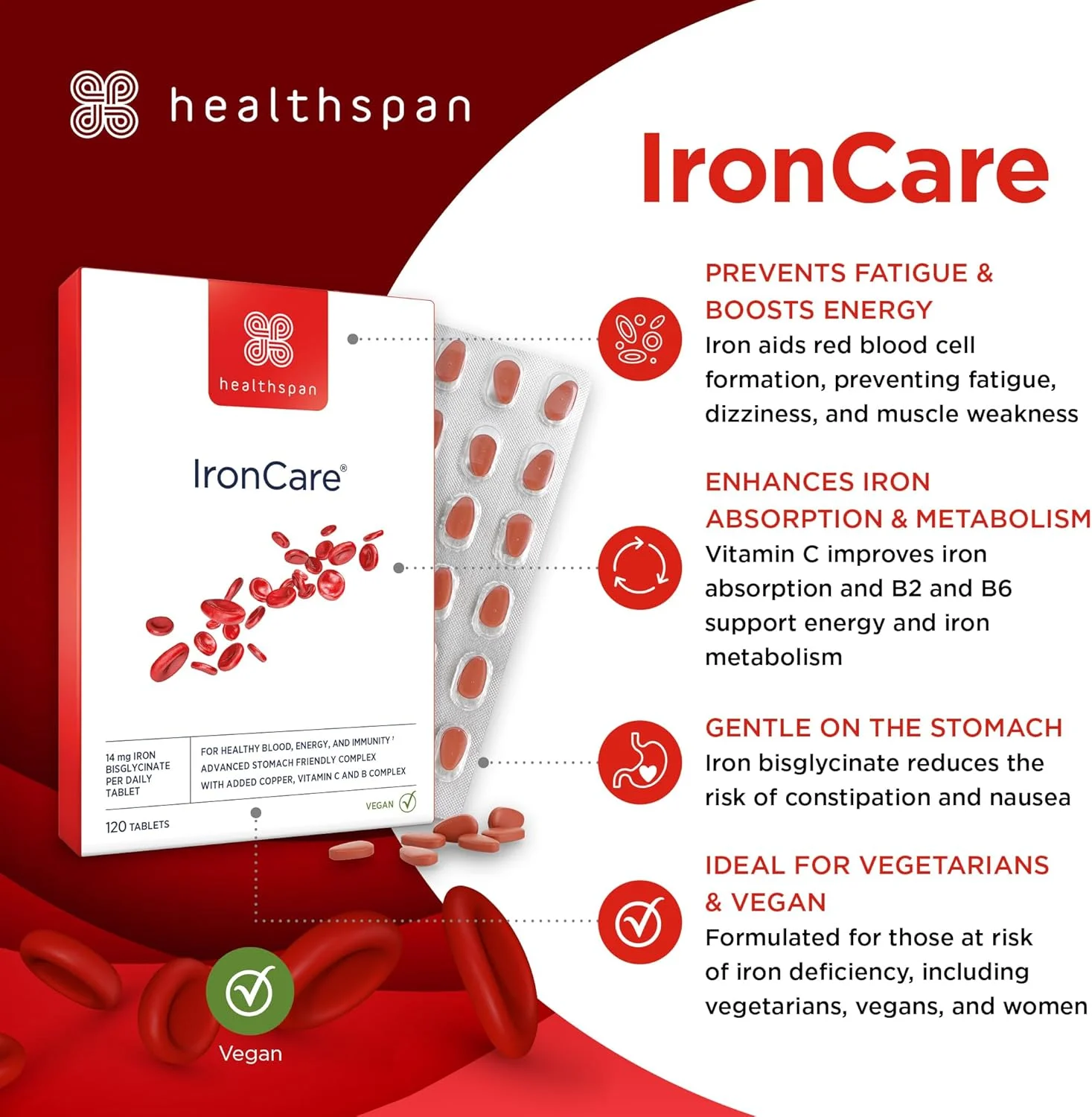 هلث اسپن آیرون کر (120 قرص) | حاوی ویتامین C، B2، B6 و B12 | سازگار با معده | مقابله با خستگی و کوفتگی | پشتیبانی از تشکیل گلبول های قرمز خون | بلع آسان | وگان هلث اسپن آیرون کر (120 قرص) | حاوی ویتامین C، B2، B6 و B12 | سازگار با معده | مقابله با خستگی و کوفتگی | پشتیبانی از تشکیل گلبول های قرمز خون | بلع آسان | وگان