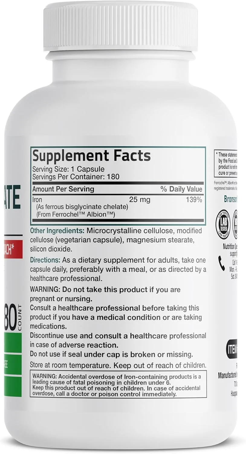 برونسون بیس گلیسینات آهن 25 میلی گرم، ملایم برای معده، پشتیبانی از انرژی و تولید گلبول های قرمز سالم - فرمول غیر GMO، 180 کپسول گیاهی برونسون بیس گلیسینات آهن 25 میلی گرم، ملایم برای معده، پشتیبانی از انرژی و تولید گلبول های قرمز سالم - فرمول غیر GMO، 180 کپسول گیاهی