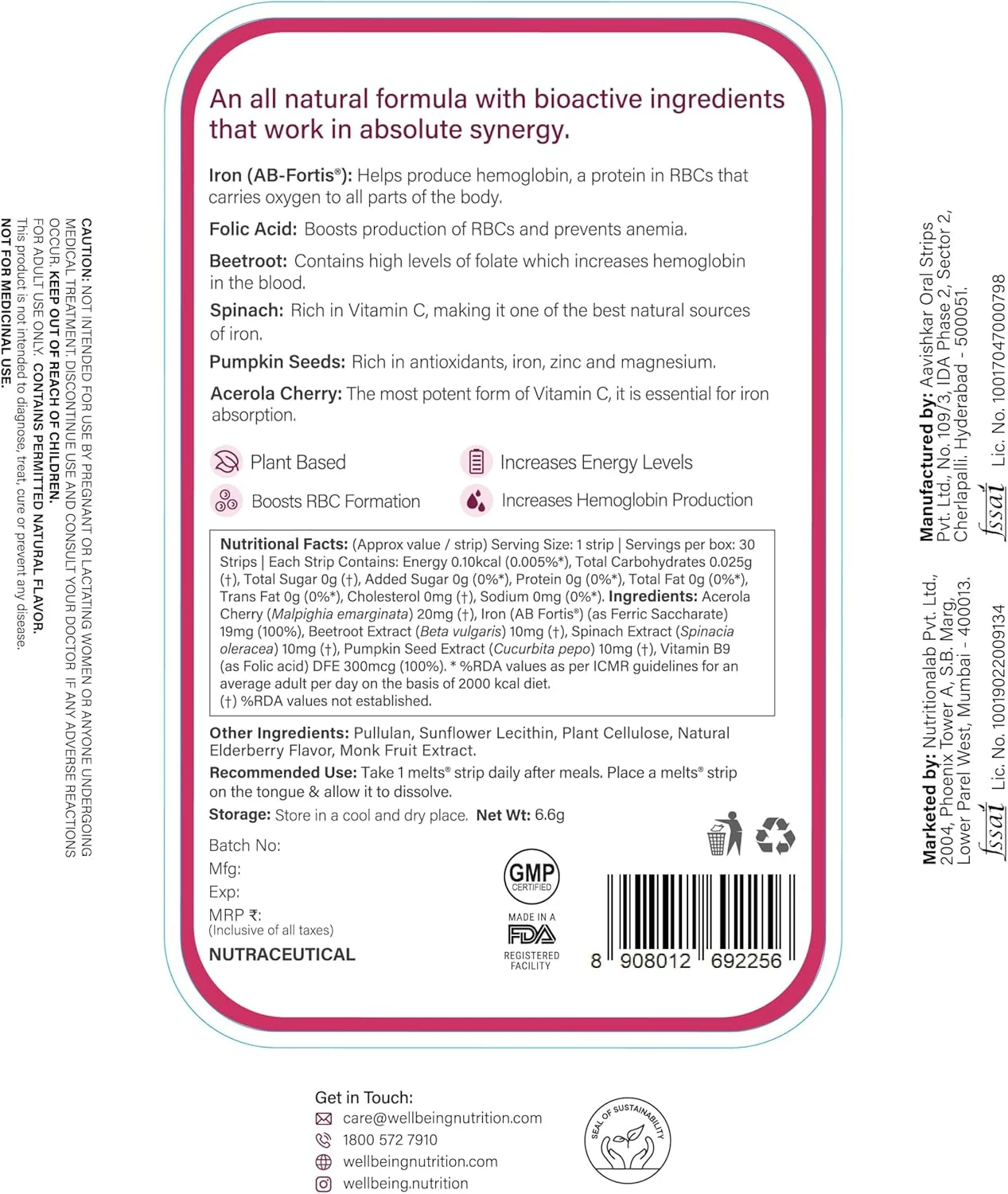 نوار خوراکی نانو آهن Wellbeing Nutrition | آهن گیاهی، چغندر، برگ چغندر سوئیسی، تخم کدو تنبل، ویتامین C و فولات برای بهبود هموگلوبین، ظرفیت اتصال اکسیژن و خون سازی (30 نوار خوراکی)