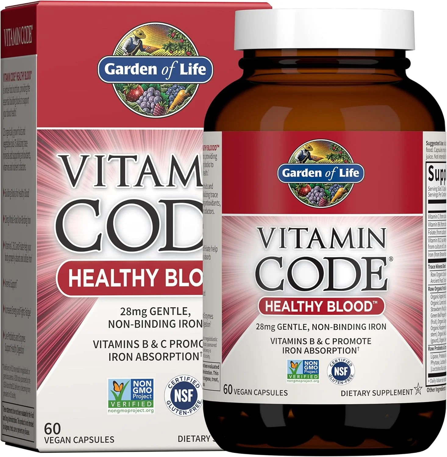 مکمل آهن Vitamin Code Garden of Life، خون سالم - 60 کپسول گیاهی، 28 گرم آهن، ویتامین‌های B، C، مواد معدنی کمیاب، میوه‌ها و سبزیجات، پروبیوتیک‌ها - مکمل آهن برای انرژی زنان، پشتیبانی از کم خونی