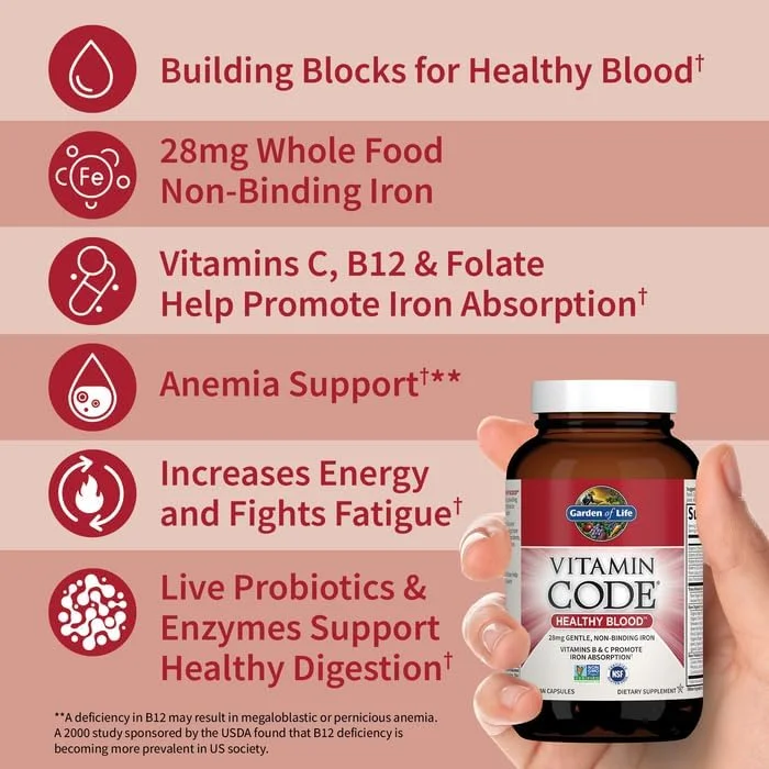 مکمل آهن Vitamin Code Garden of Life، خون سالم - 60 کپسول گیاهی، 28 گرم آهن، ویتامینهای B، C، مواد معدنی کمیاب، میوهها و سبزیجات، پروبیوتیکها - مکمل آهن برای انرژی زنان، پشتیبانی از کم خونی مکمل آهن Vitamin Code Garden of Life، خون سالم - 60 کپسول گیاهی، 28 گرم آهن، ویتامینهای B، C، مواد معدنی کمیاب، میوهها و سبزیجات، پروبیوتیکها - مکمل آهن برای انرژی زنان، پشتیبانی از کم خونی