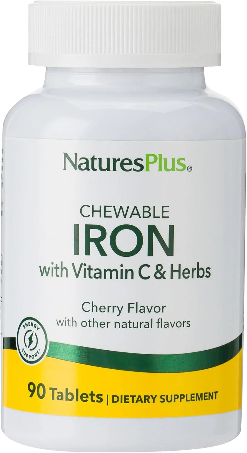 نچرالز پلاس آهن جویدنی با ویتامین C و گیاهان، 90 قرص، طعم گیلاس - پشتیبانی از خون سالم، تولید انرژی طبیعی و سلامت کلی