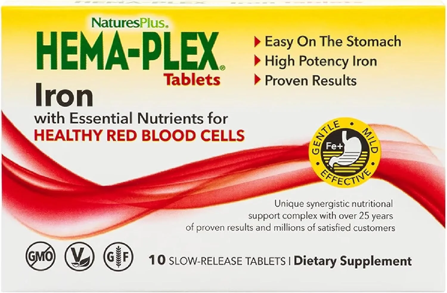 Nature's Plus Hema-Plex Iron - 10 Slow-Release Tablets - 85 mg High-Potency Iron - Essential Vitamins & Minerals for Healthy Red Blood Cells - Non-GMO, Vegetarian, Gluten Free - 10 Servings