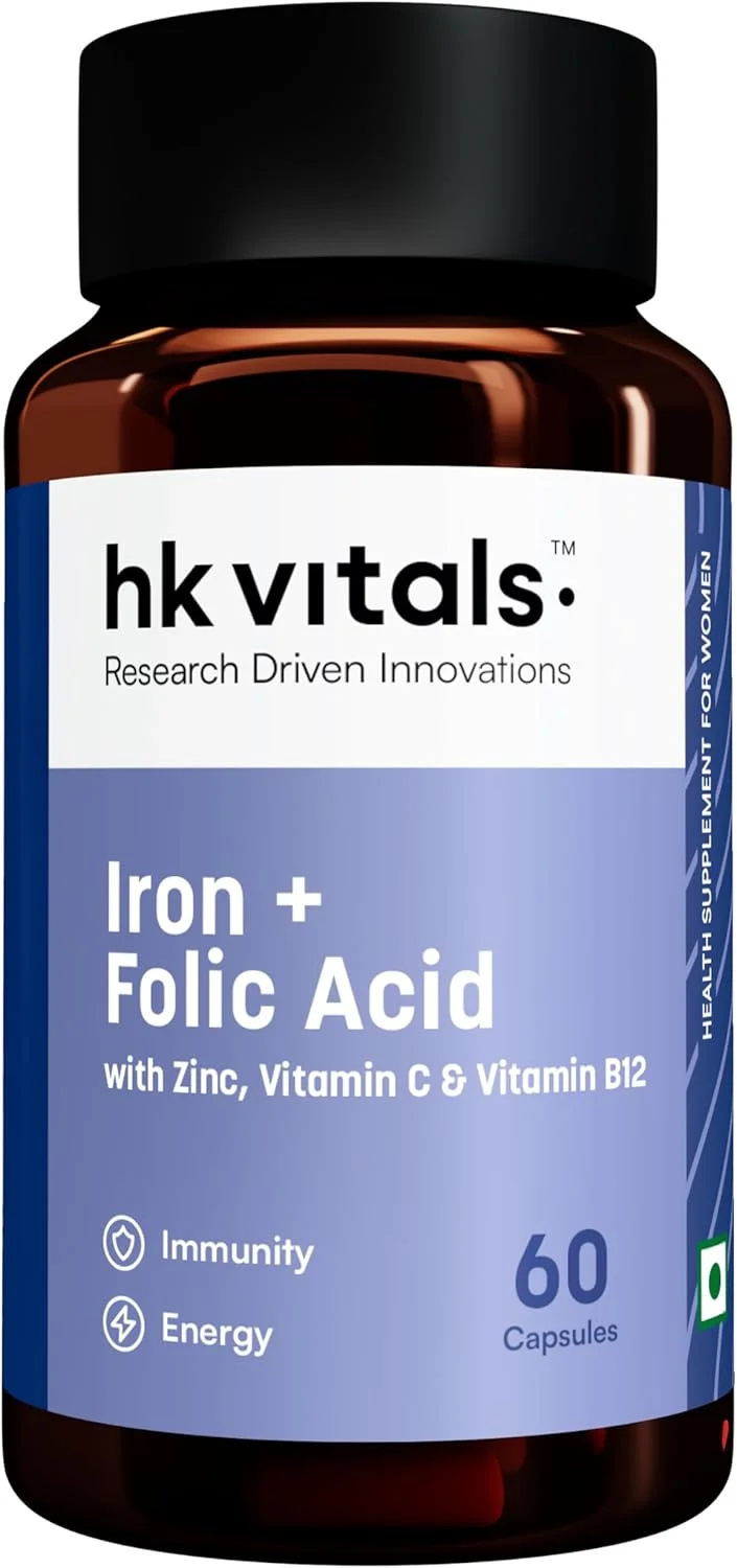 مکمل آهن + اسید فولیک اچ کی ویتالز (60 کپسول) | حاوی زینک، ویتامین C و ویتامین B12، پشتیبانی از خون‌سازی | ایمنی و انرژی