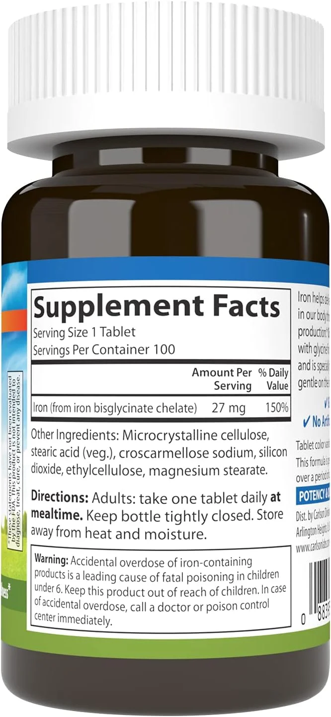 کارلسون - آهن کلاته، 27 میلی گرم جذب برتر، سلامت خون، استفاده از انرژی و تندرستی مطلوب، 100 قرص