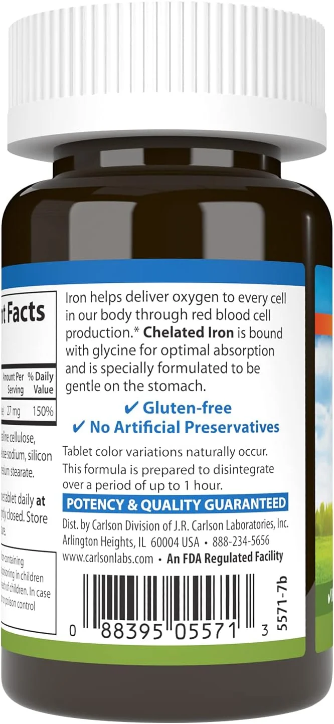 کارلسون - آهن کلاته، 27 میلی گرم جذب برتر، سلامت خون، استفاده از انرژی و تندرستی مطلوب، 100 قرص