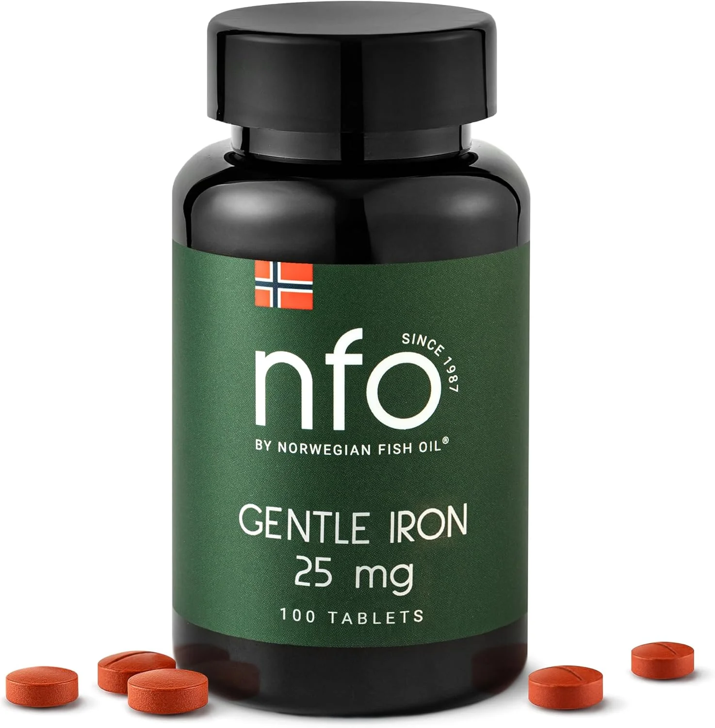آهن ملایم NFO [100 قرص] کمپلکس آهن با دوز بالای طبیعی نروژی با فرمول ثبت شده Ferrochel - زیست فراهم‌ترین شکل در برابر کمبود آهن. 90% کارآمدتر. مناسب برای وگان‌ها