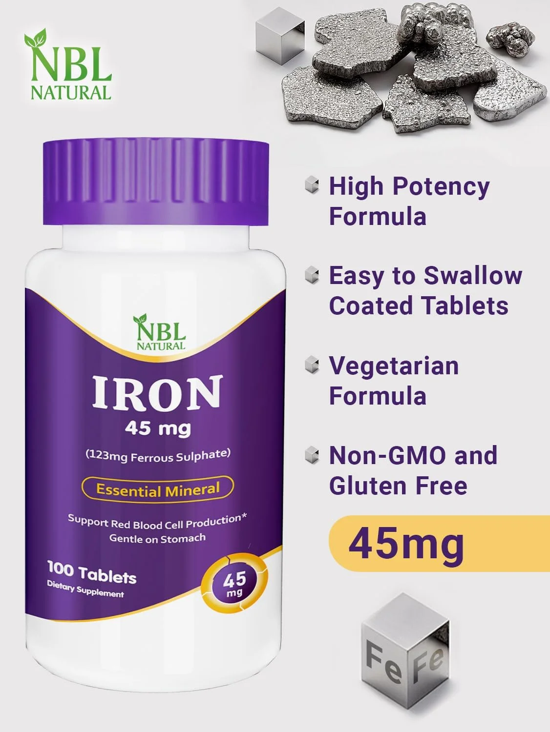 مکمل آهن طبیعی NBL، سولفات آهن با قدرت بالا، 45 میلی گرم، 100 قرص