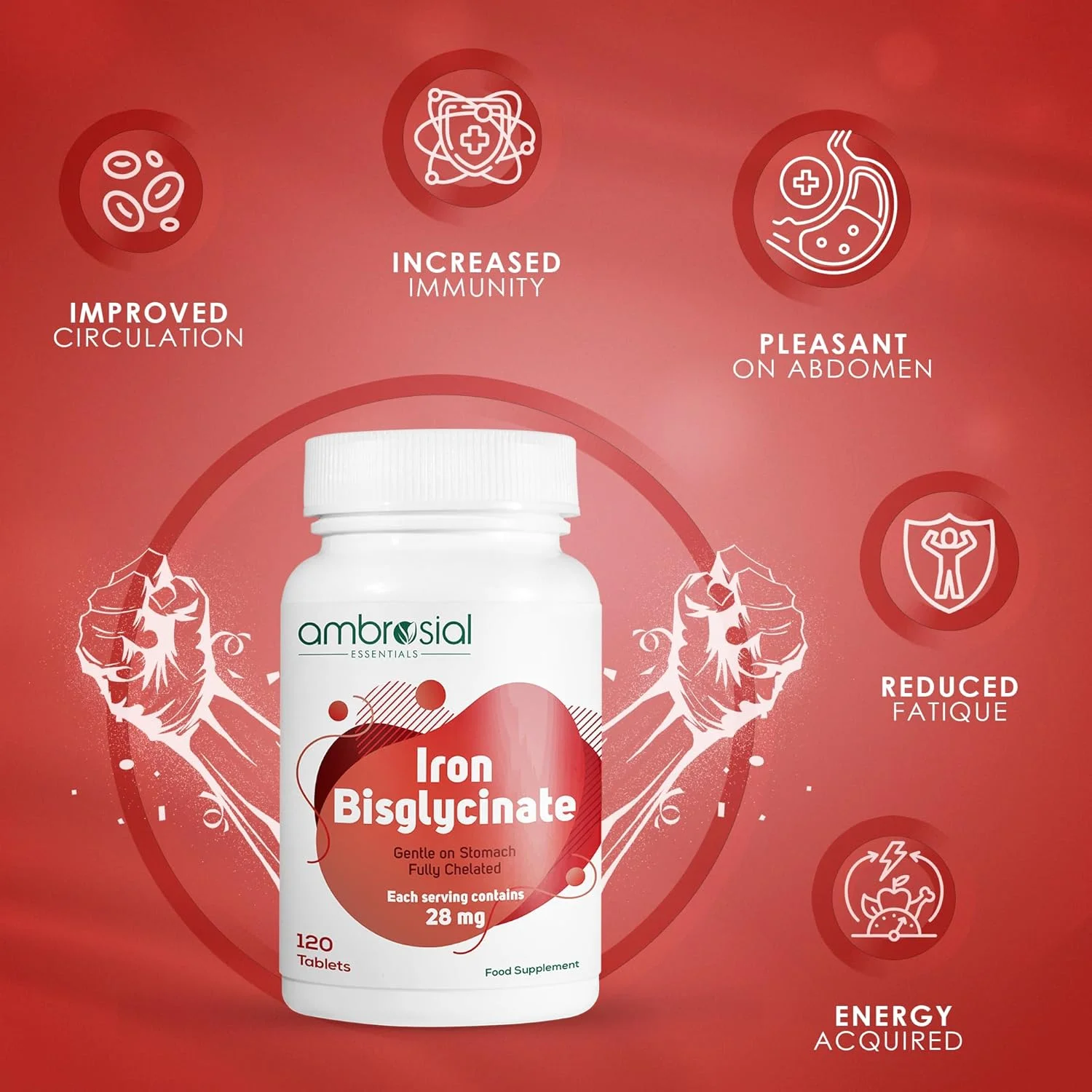 قرص آهن بیس گلیسینات ۲۸ میلی گرمی آمبروسیال | مکمل آهن با جذب بالا برای رفع خستگی در زنان و مردان | بسته ۱۲۰ عددی قرص گیاهی