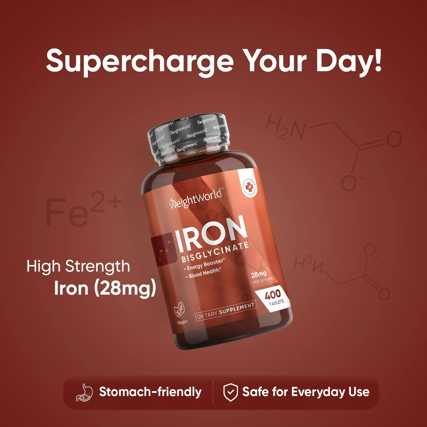 قرص آهن - 400 قرص گیاهی - آهن به متابولیسم طبیعی انرژی کمک می کند (EFSA) - 28 میلی گرم آهن روزانه - بیش از 6 ماه تامین - بیس گلیسینات آهن - WeightWorld