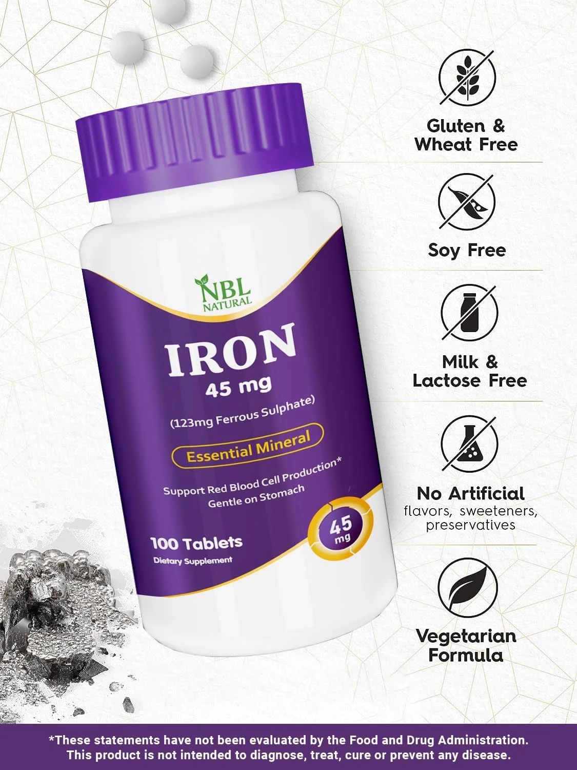 مکمل آهن طبیعی NBL، سولفات آهن با قدرت بالا، 45 میلی گرم، 100 قرص