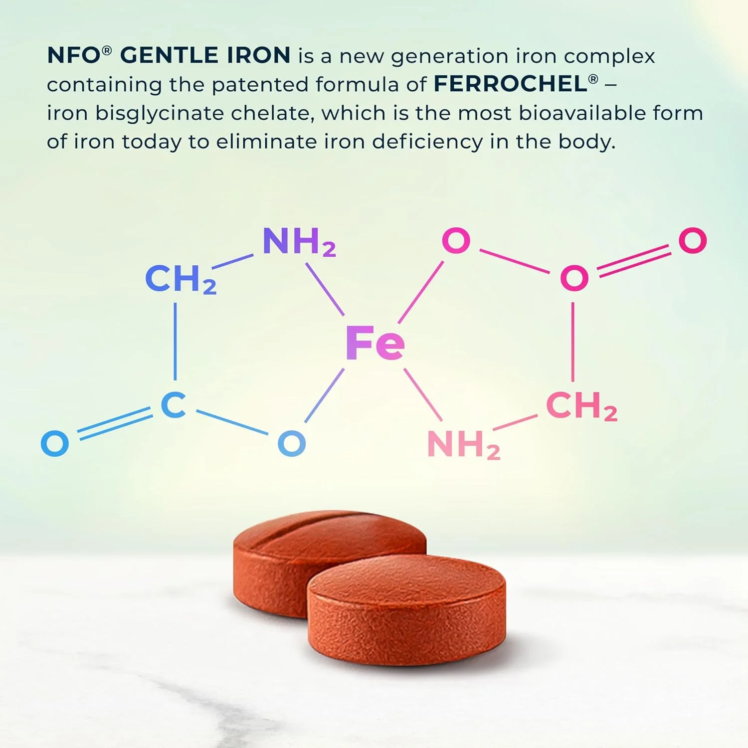 آهن ملایم NFO [100 قرص] کمپلکس آهن با دوز بالای طبیعی نروژی با فرمول ثبت شده Ferrochel - زیست فراهم‌ترین شکل در برابر کمبود آهن. 90% کارآمدتر. مناسب برای وگان‌ها