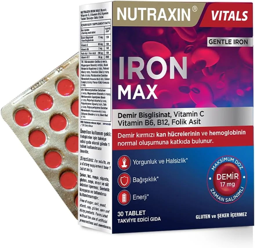 قرص نوتراکسین آیرون مکس حاوی ویتامین C، B6، B12 و اسید فولیک 30 عددی