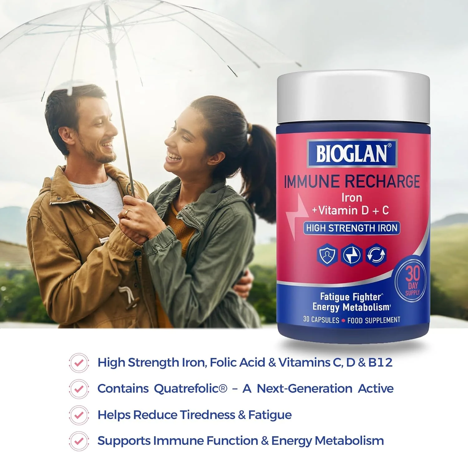 مکمل آهن بیوگلن ایمیون ریچارج، قدرت بالا با ویتامین های D و C، پشتیبانی از انرژی، 30 کپسول