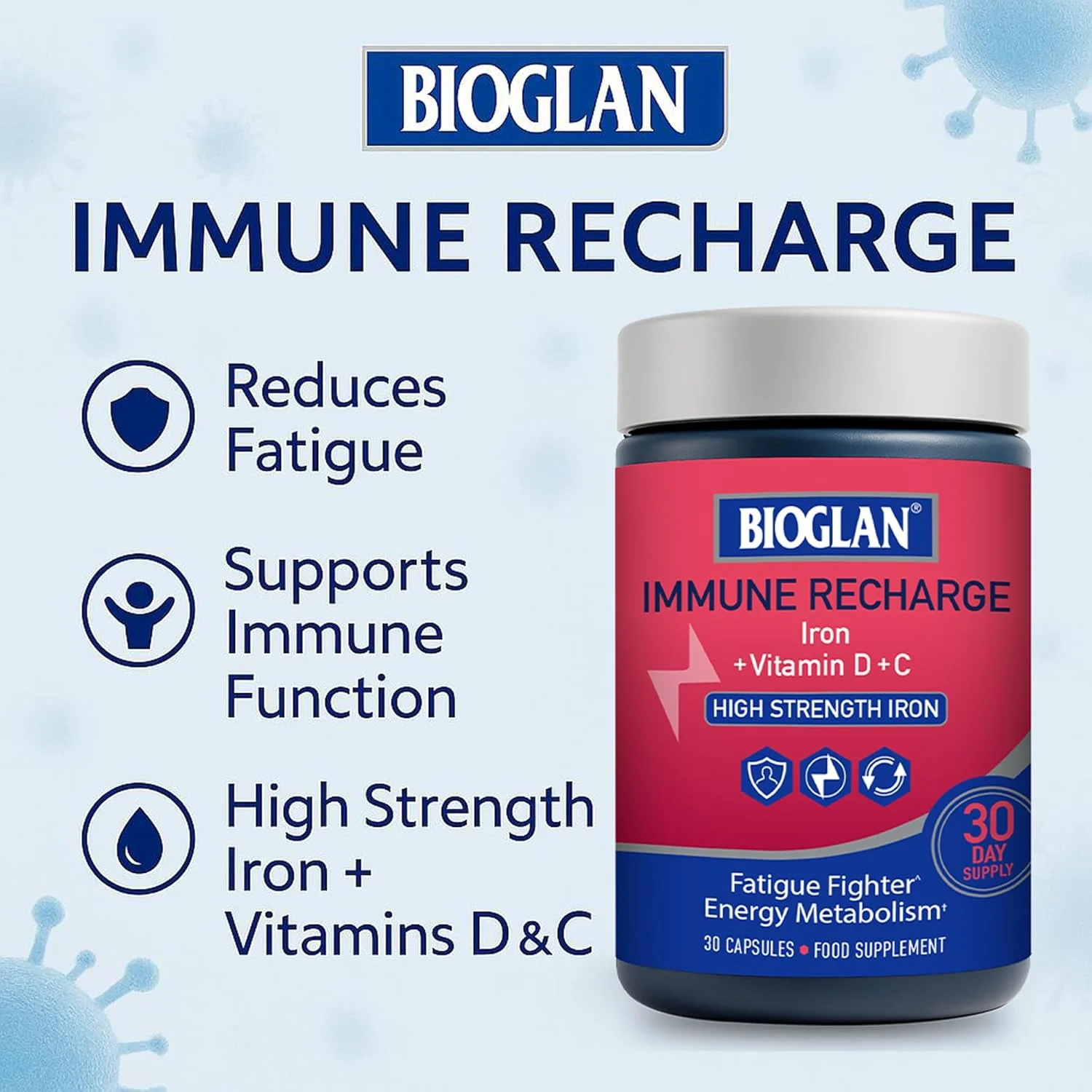مکمل آهن بیوگلن ایمیون ریچارج، قدرت بالا با ویتامین های D و C، پشتیبانی از انرژی، 30 کپسول