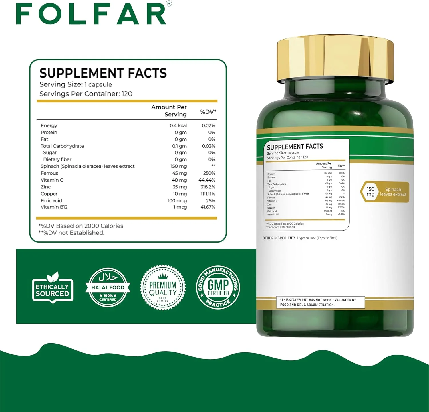 فولفر آهن ۴۵ میلی گرم + فولیک اسید ۱۰۰ میکروگرم با عصاره اسفناج - ۱۲۰ کپسول گیاهی | فرمول پیشرفته برای سلامت خون، انرژی و حمایت از سیستم ایمنی | افزایش تشکیل گلبول های قرمز خون | ایده آل برای مراقبت های دوران بارداری