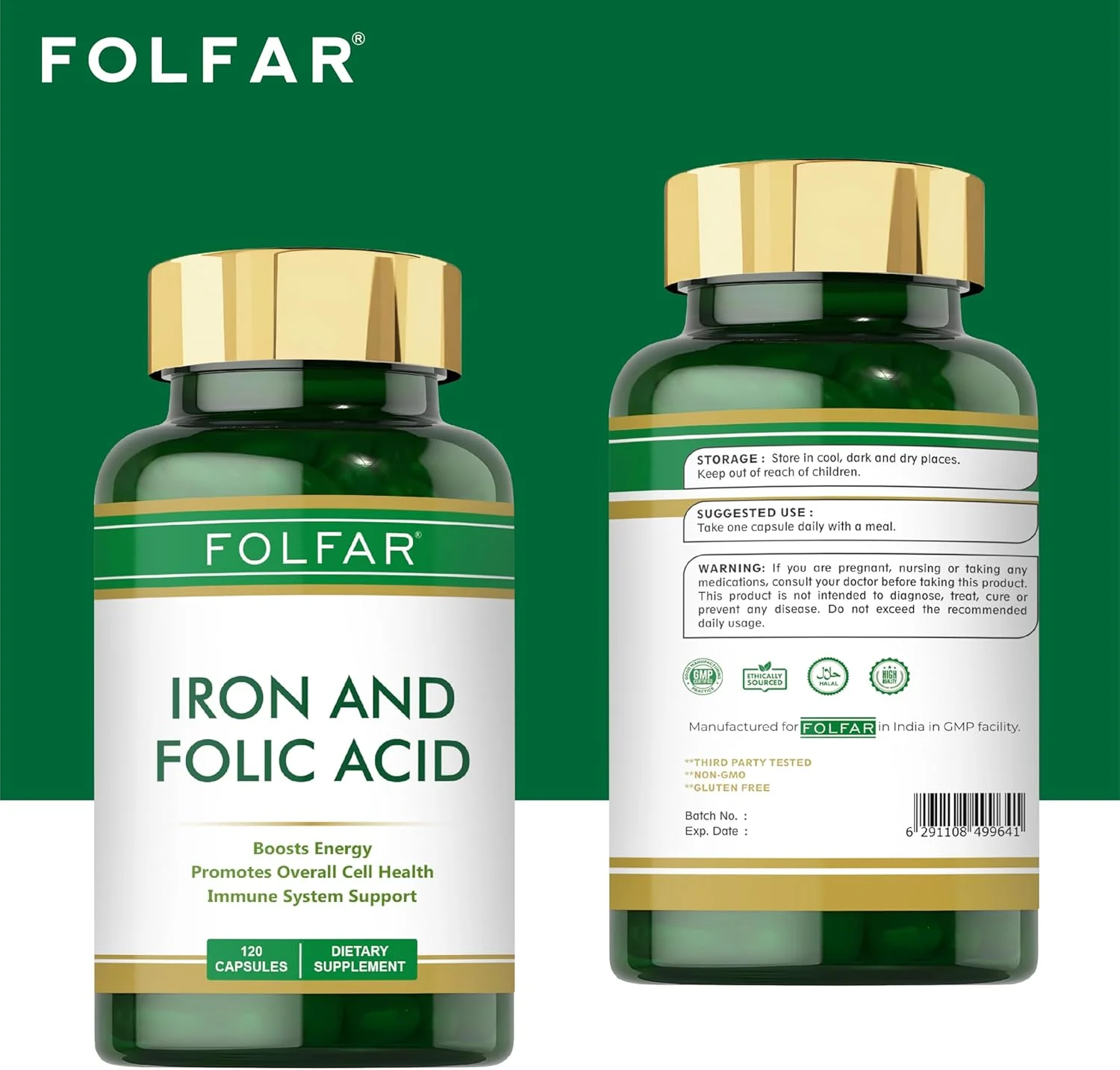 فولفر آهن ۴۵ میلی گرم + فولیک اسید ۱۰۰ میکروگرم با عصاره اسفناج - ۱۲۰ کپسول گیاهی | فرمول پیشرفته برای سلامت خون، انرژی و حمایت از سیستم ایمنی | افزایش تشکیل گلبول های قرمز خون | ایده آل برای مراقبت های دوران بارداری