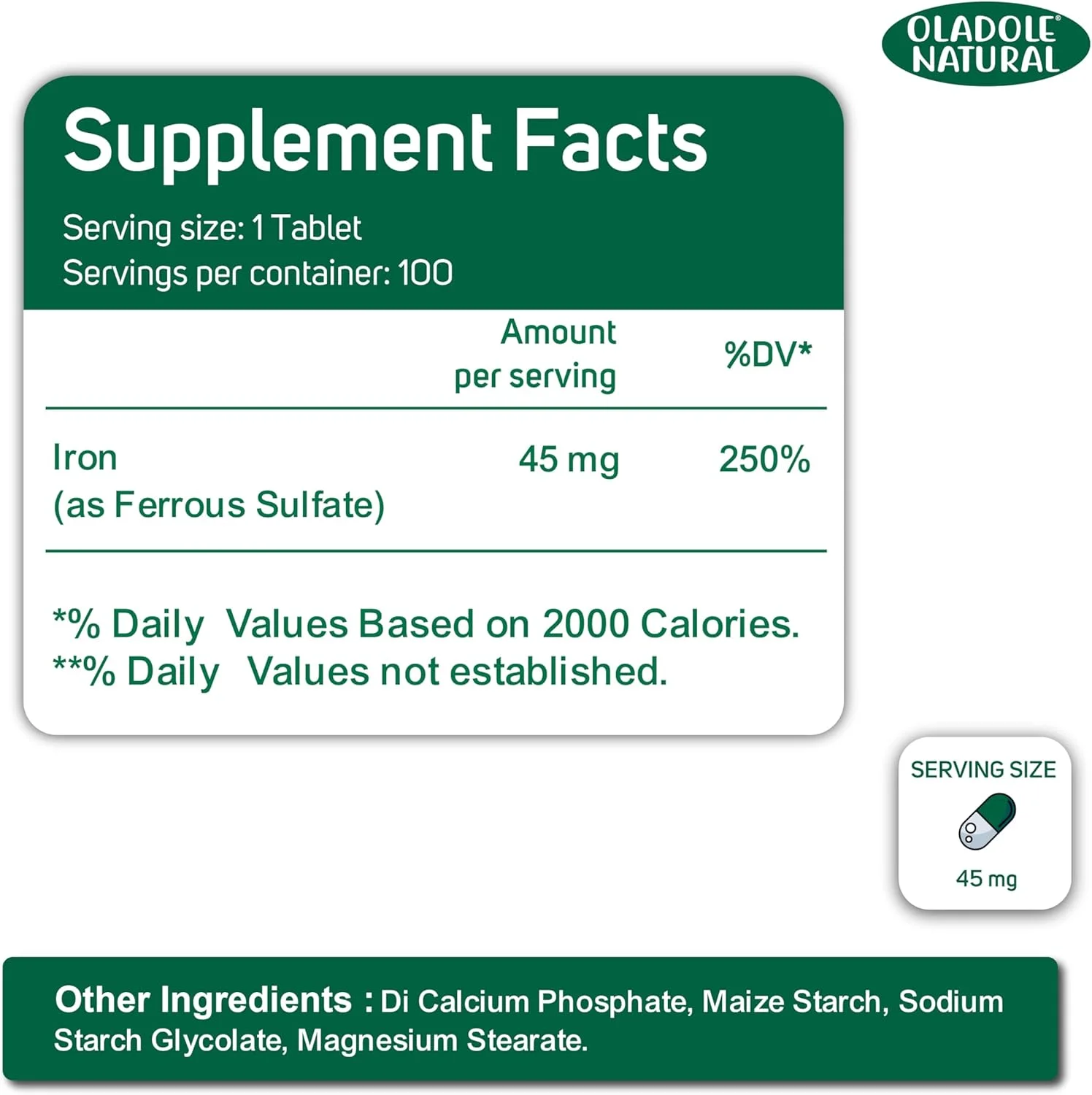 اولادول نچرال آهن 45 میلی گرم - 100 قرص | پشتیبانی از انرژی و پیشگیری از کم خونی، تولید گلبول های قرمز خون، سیستم ایمنی، افزایش هموگلوبین | فرمول ملایم غیر یبوست زا | غیر GMO اولادول نچرال آهن 45 میلی گرم - 100 قرص | پشتیبانی از انرژی و پیشگیری از کم خونی، تولید گلبول های قرمز خون، سیستم ایمنی، افزایش هموگلوبین | فرمول ملایم غیر یبوست زا | غیر GMO