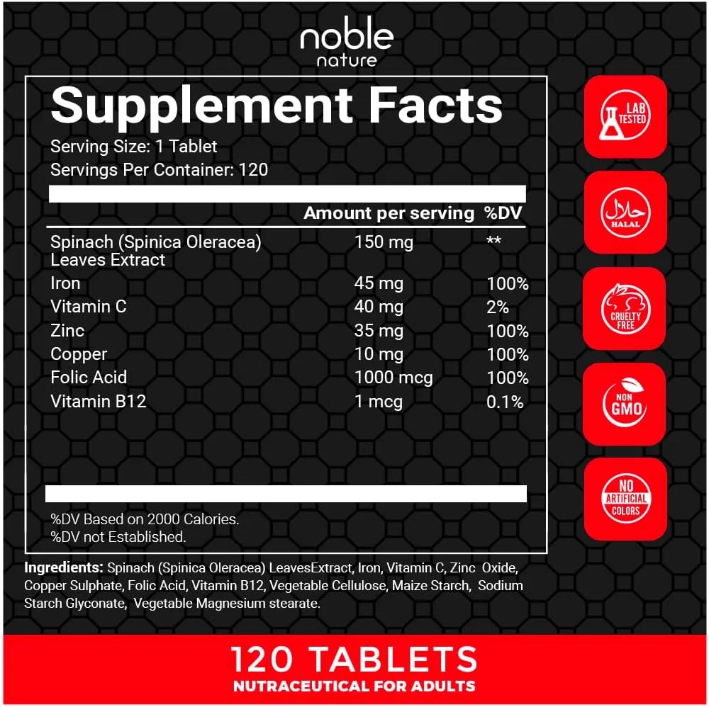 مکمل آهن نوبل نیچر با اسید فولیک و عصاره اسفناج - 120 قرص | آهن، روی، ویتامین C، اسید فولیک و ویتامین B12 |