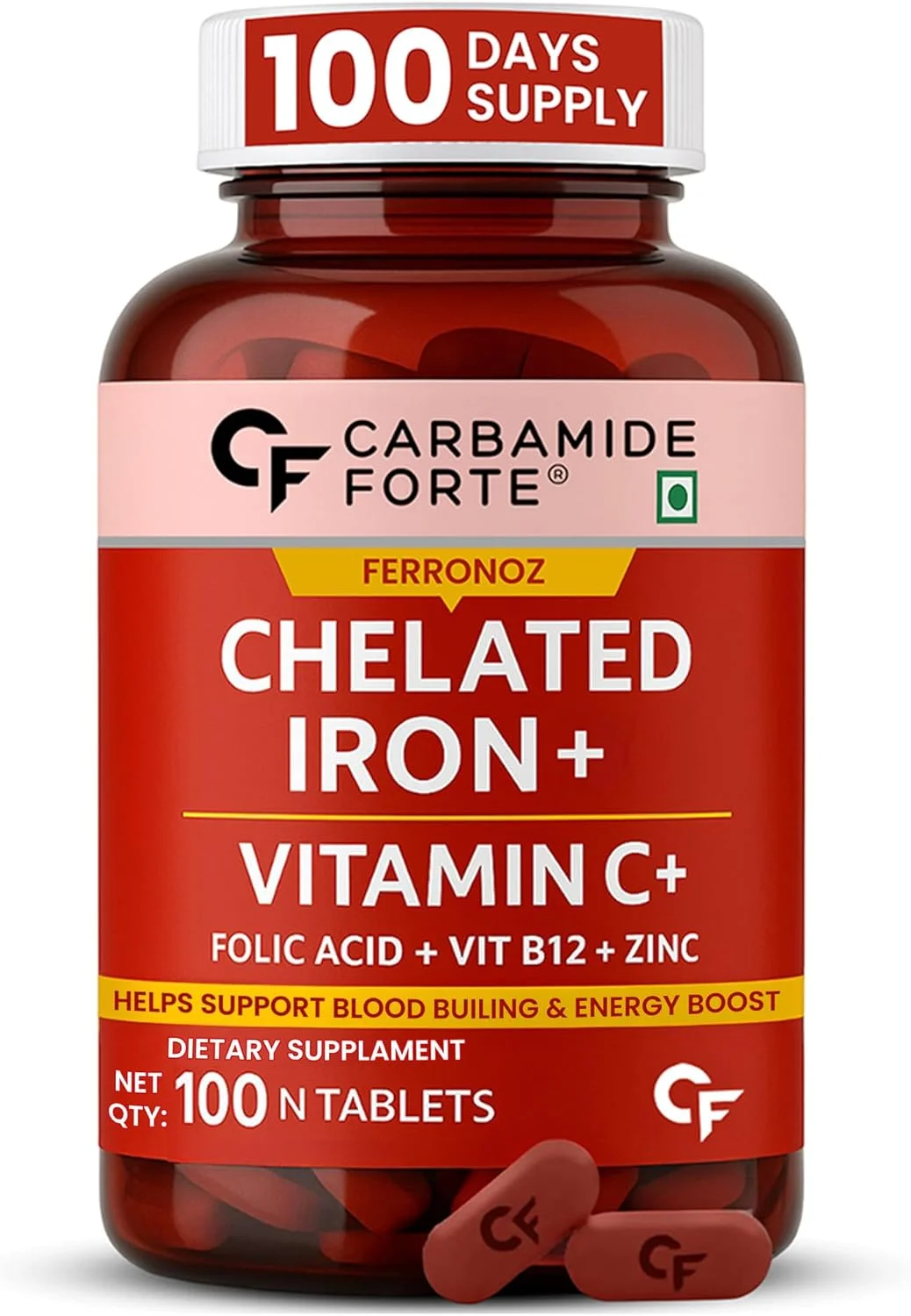 قرص آهن کلاته کاربامید فورته + ویتامین C، B12، فولیک اسید و زینک - 100 عدد قرص گیاهی آهن قرص آهن کلاته کاربامید فورته + ویتامین C، B12، فولیک اسید و زینک - 100 عدد قرص گیاهی آهن