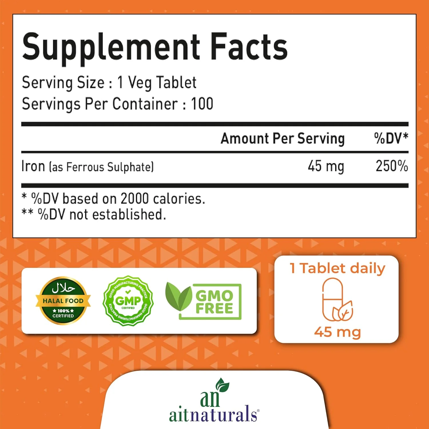آهن آیت نچرالز - 45 میلی گرم (100 قرص) | سولفات آهن با قدرت بالا برای تولید گلبول های قرمز خون، عملکرد فعال مغز، جلوگیری از کمبود آهن | افزایش رشد عضلات و تنظیم دمای بدن