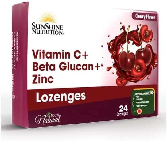 قرص مکیدنی ویتامین C + بتا گلوکان + زینک سان شاین نوتریشن با طعم گیلاس | برای تسکین سرفه، گلو درد و خشکی دهان | 24 عدد