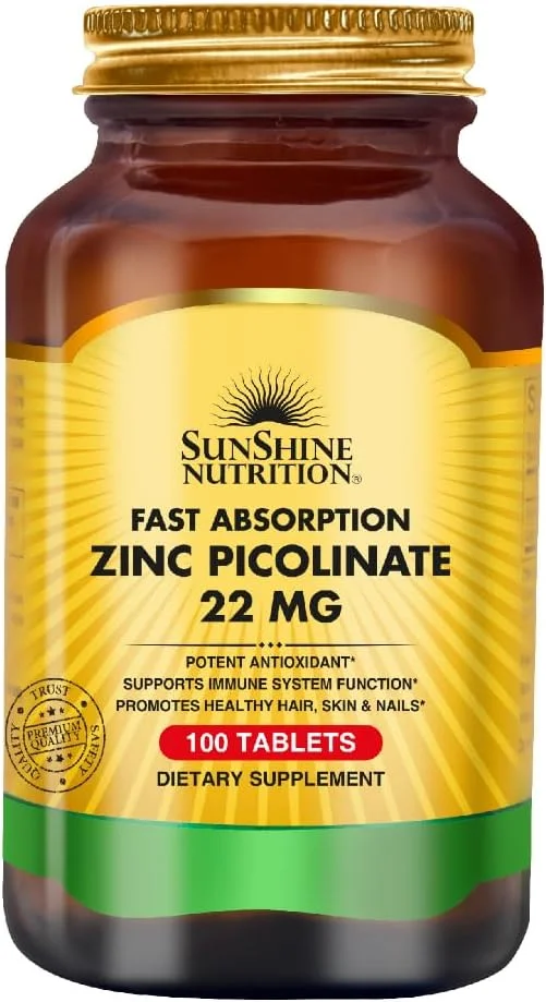 قرص زینک پیکولینات 22 میلی گرم سان شاین نوتریشن با جذب سریع | آنتی اکسیدان قوی | پشتیبانی از عملکرد سیستم ایمنی | تقویت سلامت مو، پوست و ناخن | 100 عدد