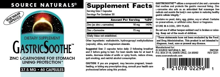 سورس نچرالز - گاستریک سوث با کمپلکس زینک ال-کارنوزین 37.5 میلی گرم. 60 عدد 100523
