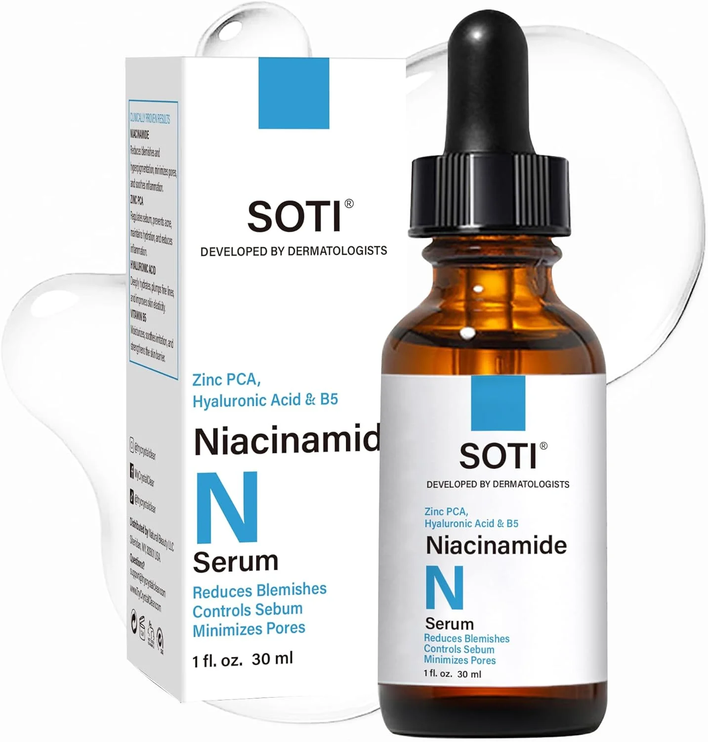 سرم صورت ساتی نیاسینامید 10% + زینک 1% حاوی B5 و هیالورونیک اسید | محو کننده جای جوش، کنترل کننده چربی، کوچک کننده منافذ، کاهش لک و قرمزی، پشتیبانی از پوست شفاف (30 میلی لیتر)