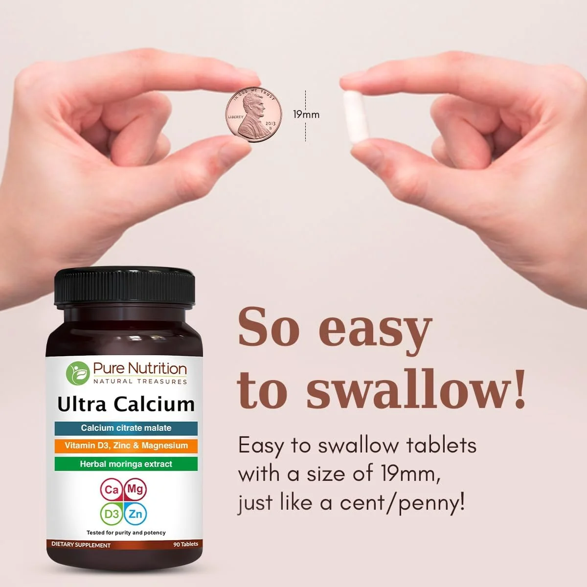 مکمل کلسیم سیترات الترا پیور نوتریشن 1250 میلی گرم، مکمل کلسیم با قابلیت جذب بالا با کلسیم سیترات مالات، ویتامین D، روی و منیزیم - 1 قرص روزانه (90 قرص گیاهی) غیر GMO | بدون گلوتن