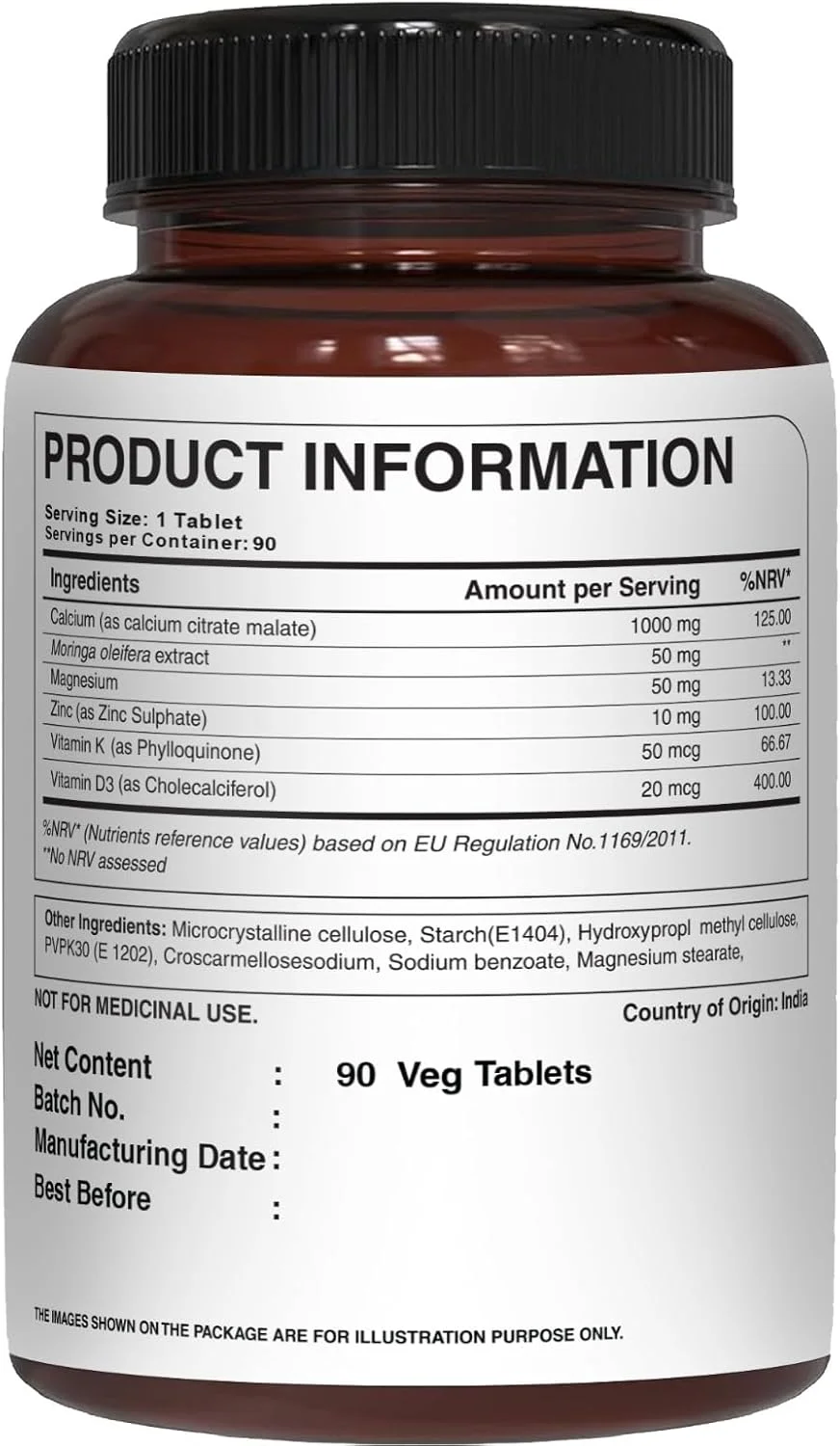 مکمل کلسیم سیترات الترا پیور نوتریشن 1250 میلی گرم، مکمل کلسیم با قابلیت جذب بالا با کلسیم سیترات مالات، ویتامین D، روی و منیزیم - 1 قرص روزانه (90 قرص گیاهی) غیر GMO | بدون گلوتن