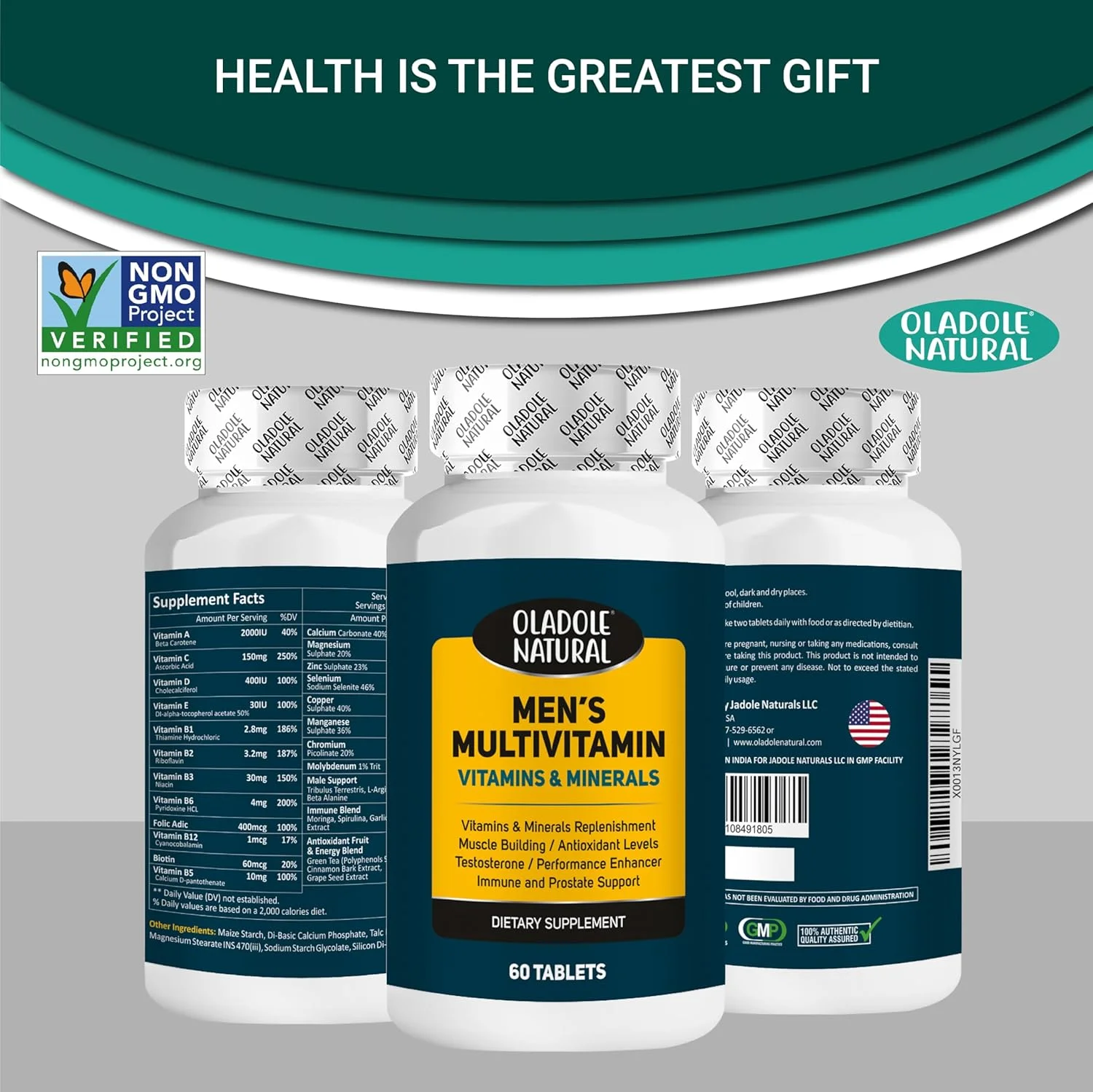 مولتی ویتامین طبیعی مردانه Oladole Natural - 60 قرص | غنی شده با ویتامین های A، C، D، E، B1، فولات، آهن، کلسیم، منیزیم، بیوتین، روی | پشتیبانی از عضله سازی، انرژی و محافظت آنتی اکسیدانی مولتی ویتامین طبیعی مردانه Oladole Natural - 60 قرص | غنی شده با ویتامین های A، C، D، E، B1، فولات، آهن، کلسیم، منیزیم، بیوتین، روی | پشتیبانی از عضله سازی، انرژی و محافظت آنتی اکسیدانی