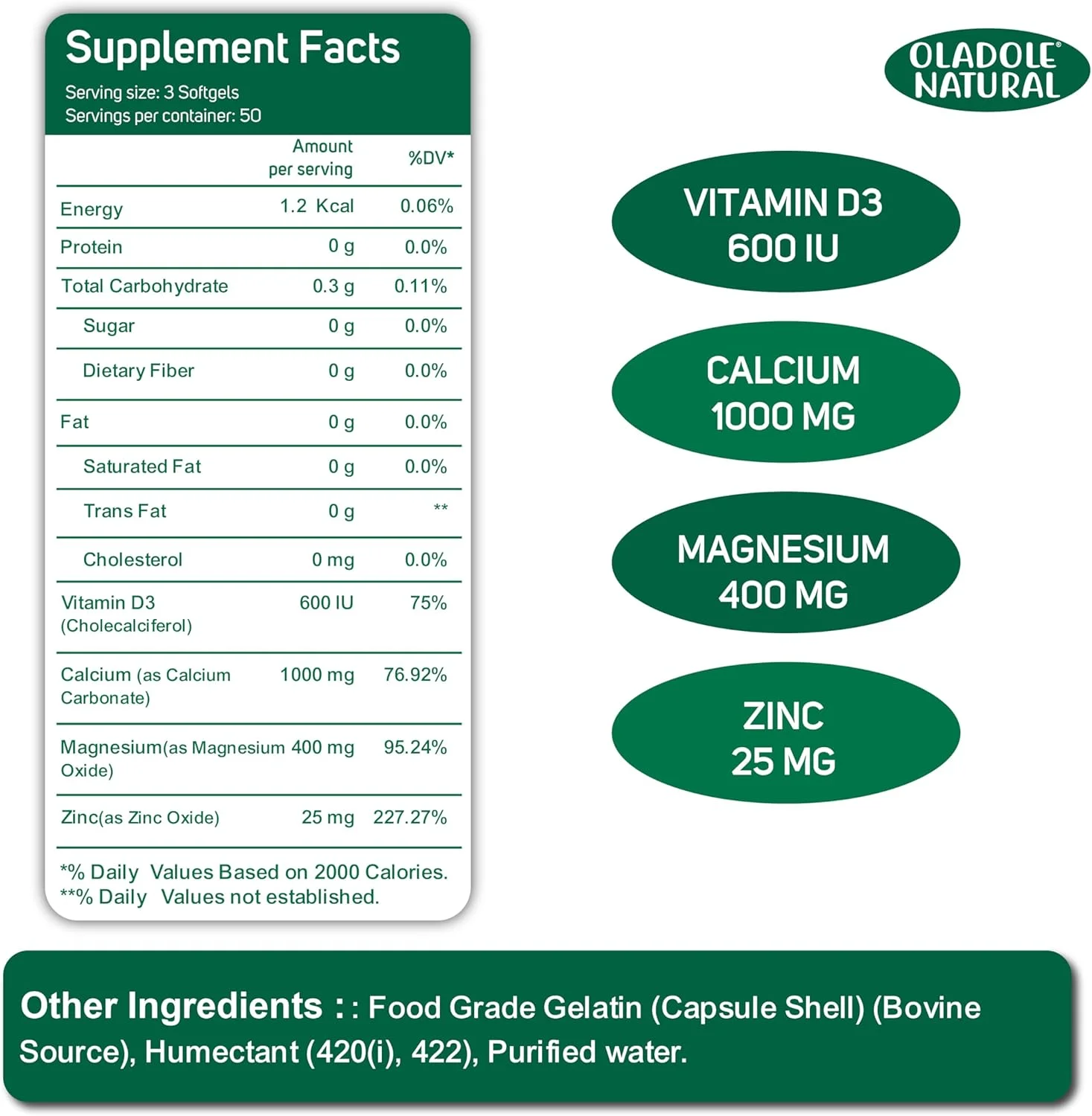 اولادول نچرال کلسیم، منیزیم، روی و ویتامین D3 - 150 سافت ژل | پشتیبانی از استخوان ها و مفاصل سالم، تقویت ایمنی و انرژی | جذب سالم کلسیم | غیر GMO، بدون گلوتن
