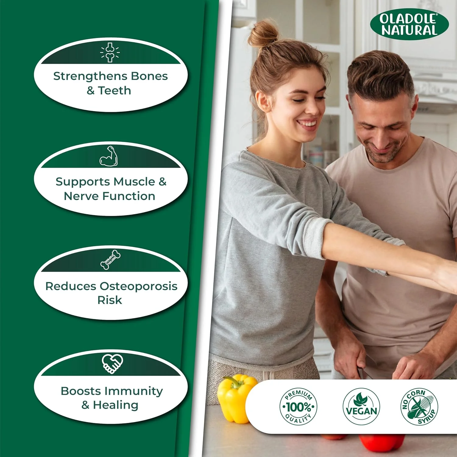 اولادول نچرال کلسیم، منیزیم، روی و ویتامین D3 - 150 سافت ژل | پشتیبانی از استخوان ها و مفاصل سالم، تقویت ایمنی و انرژی | جذب سالم کلسیم | غیر GMO، بدون گلوتن اولادول نچرال کلسیم، منیزیم، روی و ویتامین D3 - 150 سافت ژل | پشتیبانی از استخوان ها و مفاصل سالم، تقویت ایمنی و انرژی | جذب سالم کلسیم | غیر GMO، بدون گلوتن