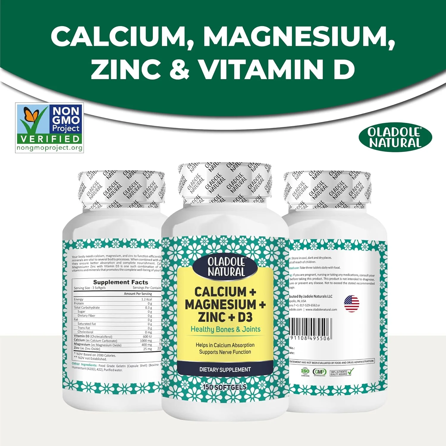 اولادول نچرال کلسیم، منیزیم، روی و ویتامین D3 - 150 سافت ژل | پشتیبانی از استخوان ها و مفاصل سالم، تقویت ایمنی و انرژی | جذب سالم کلسیم | غیر GMO، بدون گلوتن اولادول نچرال کلسیم، منیزیم، روی و ویتامین D3 - 150 سافت ژل | پشتیبانی از استخوان ها و مفاصل سالم، تقویت ایمنی و انرژی | جذب سالم کلسیم | غیر GMO، بدون گلوتن