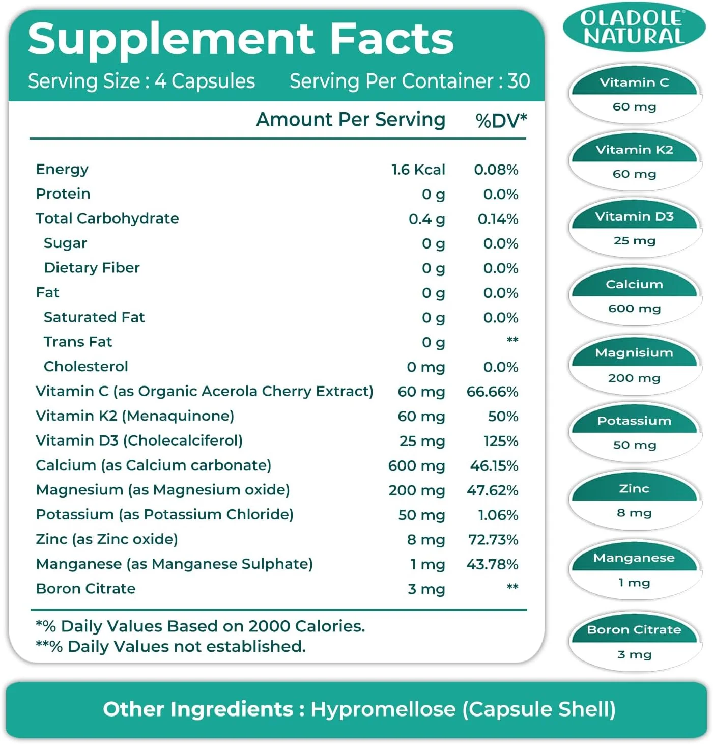 کپسول های گیاهی کلسیم، منیزیم و روی طبیعی Oladole - 120 عدد | فرمول گیاهی با ویتامین C، D3، K2، پتاسیم، منگنز و بور | پشتیبانی از سلامت استخوان، عضله و ایمنی | غیر GMO، بدون گلوتن کپسول های گیاهی کلسیم، منیزیم و روی طبیعی Oladole - 120 عدد | فرمول گیاهی با ویتامین C، D3، K2، پتاسیم، منگنز و بور | پشتیبانی از سلامت استخوان، عضله و ایمنی | غیر GMO، بدون گلوتن