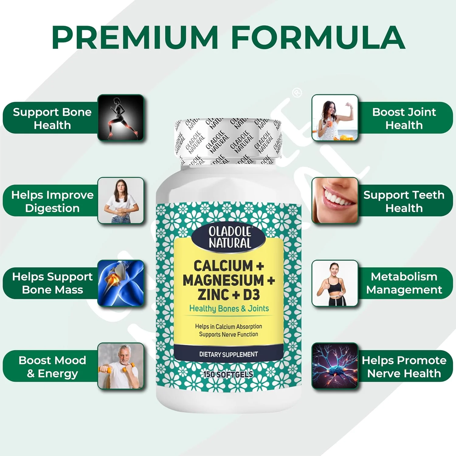 اولادول نچرال کلسیم، منیزیم، روی و ویتامین D3 - 150 سافت ژل | پشتیبانی از استخوان ها و مفاصل سالم، تقویت ایمنی و انرژی | جذب سالم کلسیم | غیر GMO، بدون گلوتن اولادول نچرال کلسیم، منیزیم، روی و ویتامین D3 - 150 سافت ژل | پشتیبانی از استخوان ها و مفاصل سالم، تقویت ایمنی و انرژی | جذب سالم کلسیم | غیر GMO، بدون گلوتن