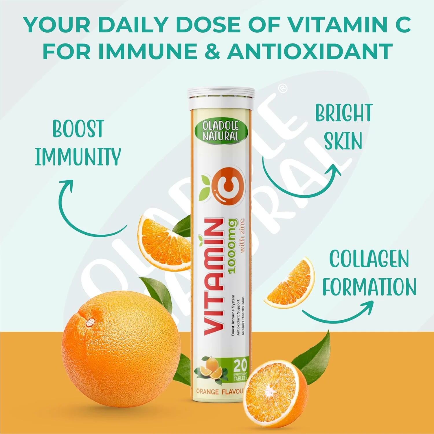 قرص جوشان ویتامین C طبیعی اولادول + زینک با طعم پرتقال - 1000 میلی گرم (20 عدد) | پشتیبانی از سیستم ایمنی، افزایش آنتی اکسیدان، تولید کلاژن، سلامت پوست | فرمول غیر GMO و بدون گلوتن قرص جوشان ویتامین C طبیعی اولادول + زینک با طعم پرتقال - 1000 میلی گرم (20 عدد) | پشتیبانی از سیستم ایمنی، افزایش آنتی اکسیدان، تولید کلاژن، سلامت پوست | فرمول غیر GMO و بدون گلوتن