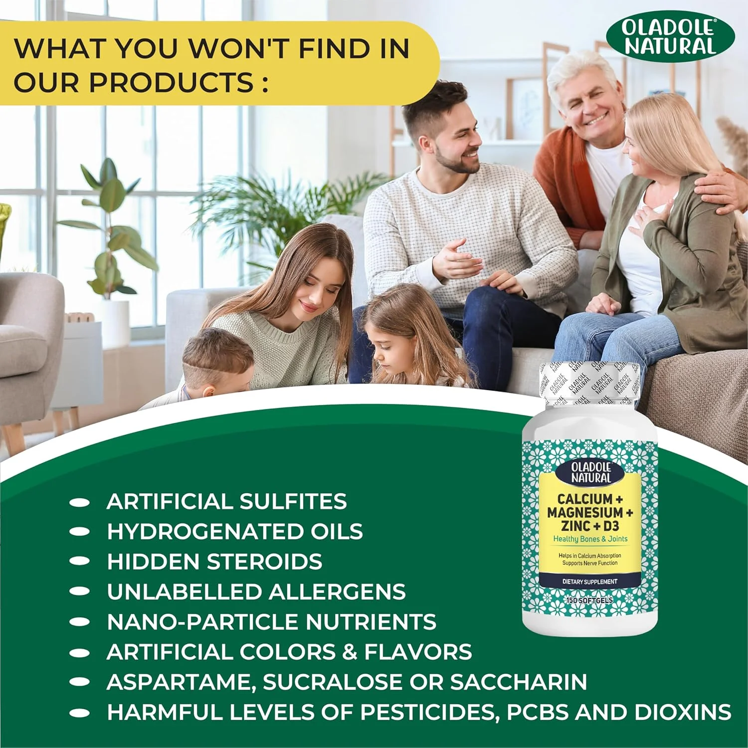 اولادول نچرال کلسیم، منیزیم، روی و ویتامین D3 - 150 سافت ژل | پشتیبانی از استخوان ها و مفاصل سالم، تقویت ایمنی و انرژی | جذب سالم کلسیم | غیر GMO، بدون گلوتن اولادول نچرال کلسیم، منیزیم، روی و ویتامین D3 - 150 سافت ژل | پشتیبانی از استخوان ها و مفاصل سالم، تقویت ایمنی و انرژی | جذب سالم کلسیم | غیر GMO، بدون گلوتن