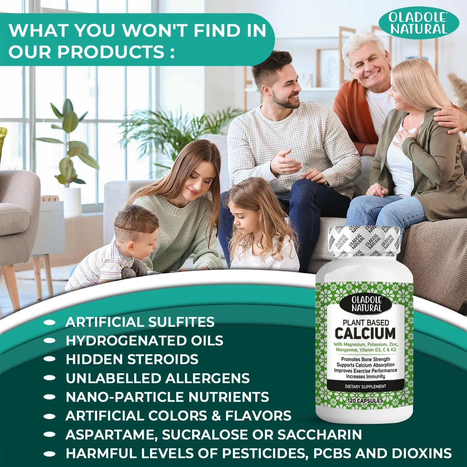 کپسول های گیاهی کلسیم، منیزیم و روی طبیعی Oladole - 120 عدد | فرمول گیاهی با ویتامین C، D3، K2، پتاسیم، منگنز و بور | پشتیبانی از سلامت استخوان، عضله و ایمنی | غیر GMO، بدون گلوتن کپسول های گیاهی کلسیم، منیزیم و روی طبیعی Oladole - 120 عدد | فرمول گیاهی با ویتامین C، D3، K2، پتاسیم، منگنز و بور | پشتیبانی از سلامت استخوان، عضله و ایمنی | غیر GMO، بدون گلوتن