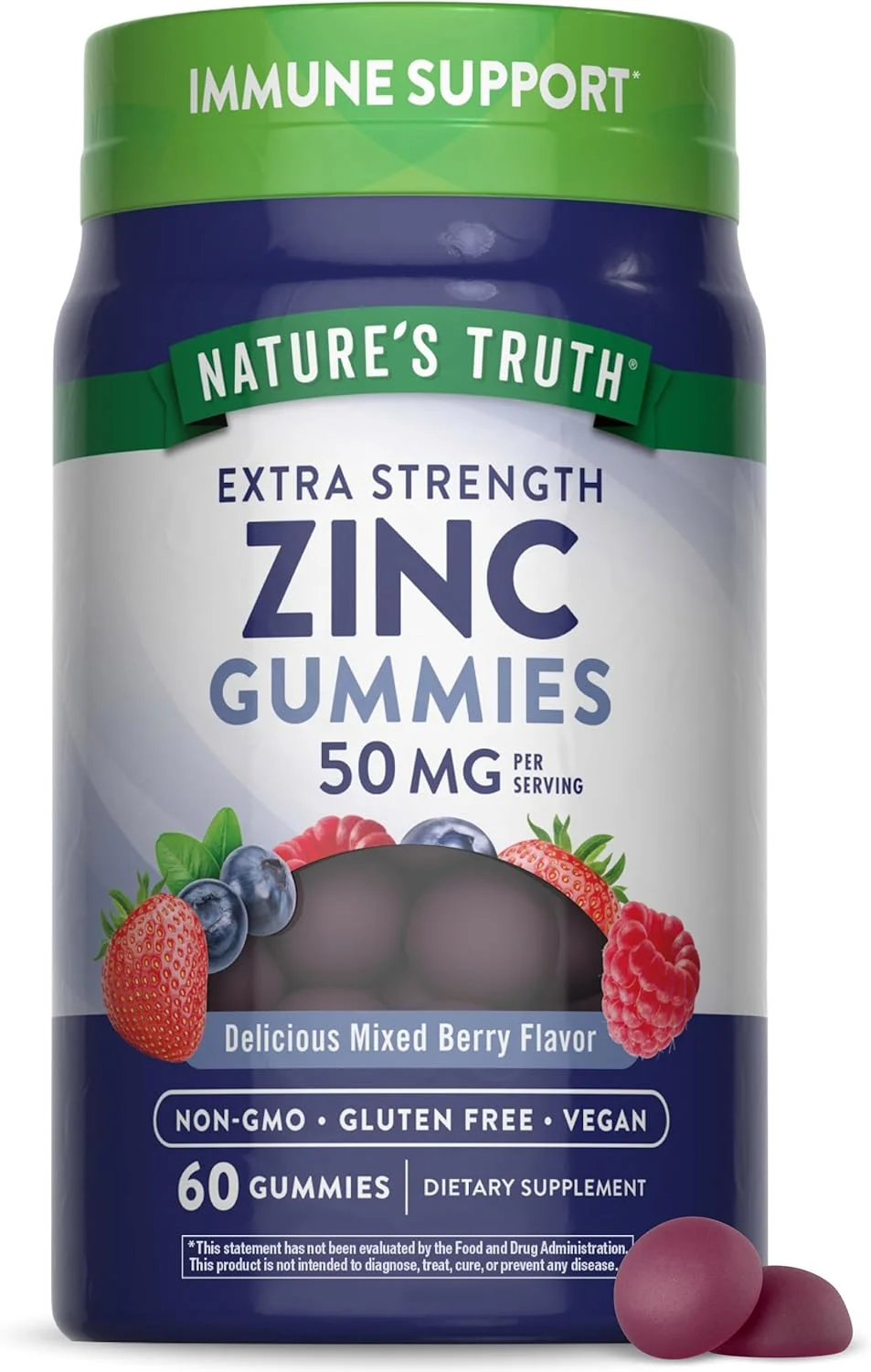 پاستیل زینک Nature's Truth | 50 میلی گرم | 60 عدد | مکمل گیاهی، غیر تراریخته و بدون گلوتن | طعم توت مخلوط | تولید شده توسط