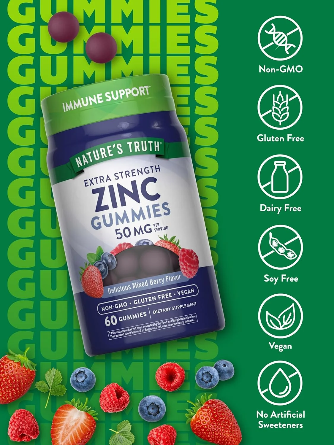 پاستیل زینک Nature's Truth | 50 میلی گرم | 60 عدد | مکمل گیاهی، غیر تراریخته و بدون گلوتن | طعم توت مخلوط | تولید شده توسط پاستیل زینک Nature's Truth | 50 میلی گرم | 60 عدد | مکمل گیاهی، غیر تراریخته و بدون گلوتن | طعم توت مخلوط | تولید شده توسط
