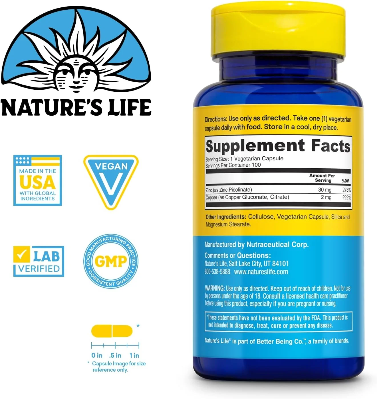 Nature's Life زینک پیکولینات 30 میلی گرم به همراه 2 میلی گرم مس - مکمل زینک کلاته برای حمایت از عملکرد ایمنی، قلبی عروقی، پوست، سلولی و عضلانی - 100 سروینگ، 100 کپسول Nature's Life زینک پیکولینات 30 میلی گرم به همراه 2 میلی گرم مس - مکمل زینک کلاته برای حمایت از عملکرد ایمنی، قلبی عروقی، پوست، سلولی و عضلانی - 100 سروینگ، 100 کپسول