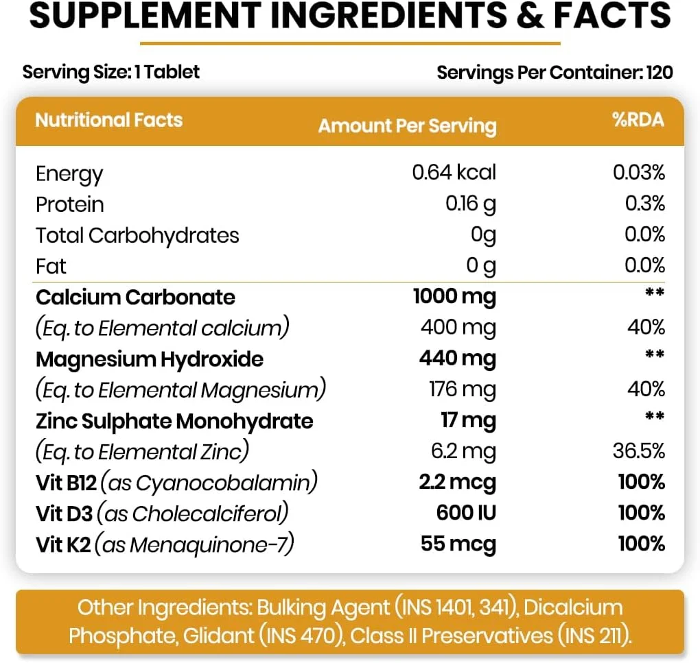هیمالین ارگانیکس کلسیم منیزیم زینک ویتامین D3، B12 و K - 120 قرص گیاهی | مکمل برای زنان و مردان، برای سلامت استخوان و حمایت از مفاصل