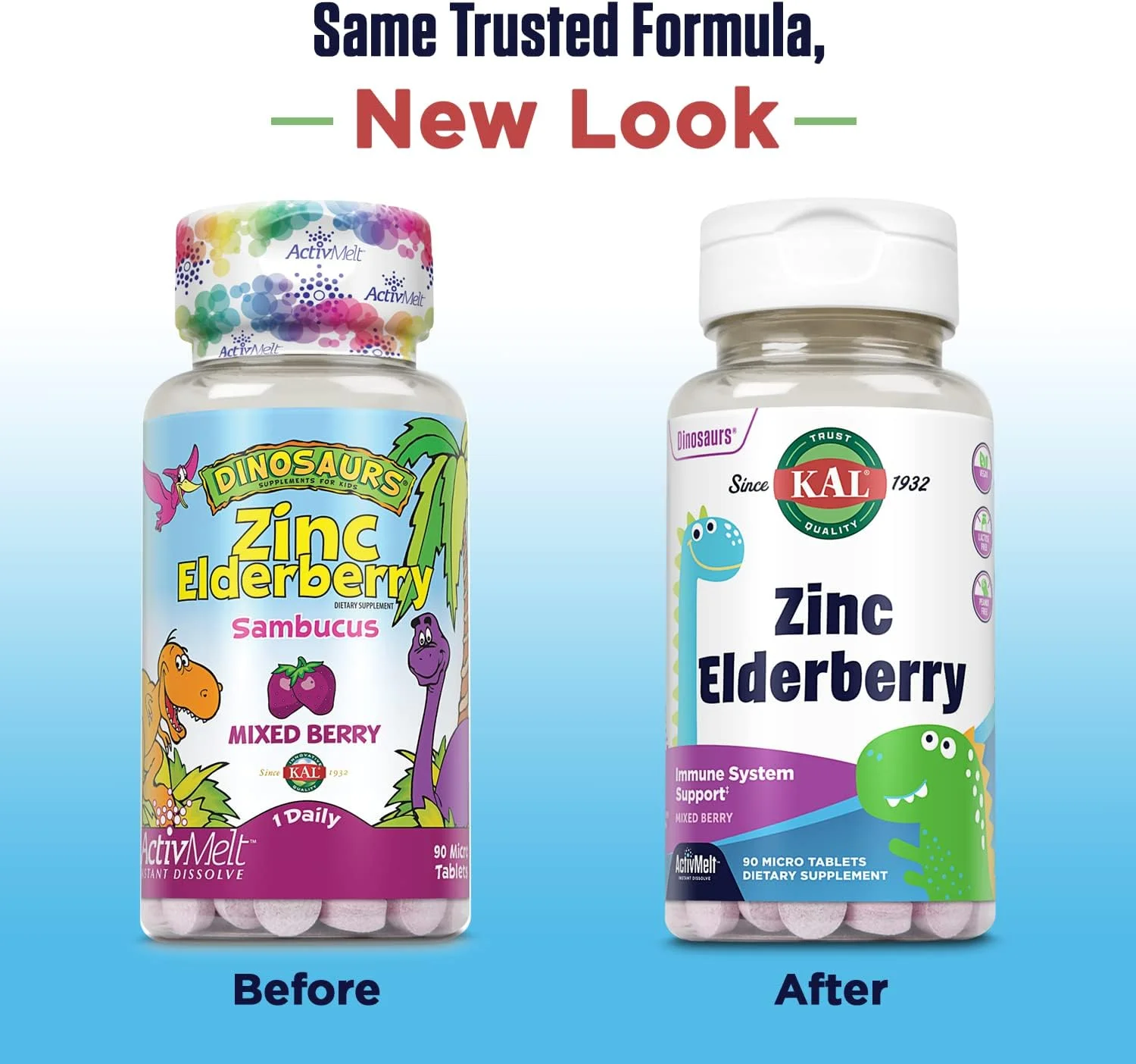 زینک و الدربری دایناسوری کودکان KAL، مکمل تقویت سیستم ایمنی* برای کودکان حاوی الدربری سامبucus، قرص های میکرو سریع حل شونده با طعم توت مخلوط، شکل های دایناسور سرگرم کننده و خوشمزه، وگان، 90 سروینگ، 90 میکرو قرص
