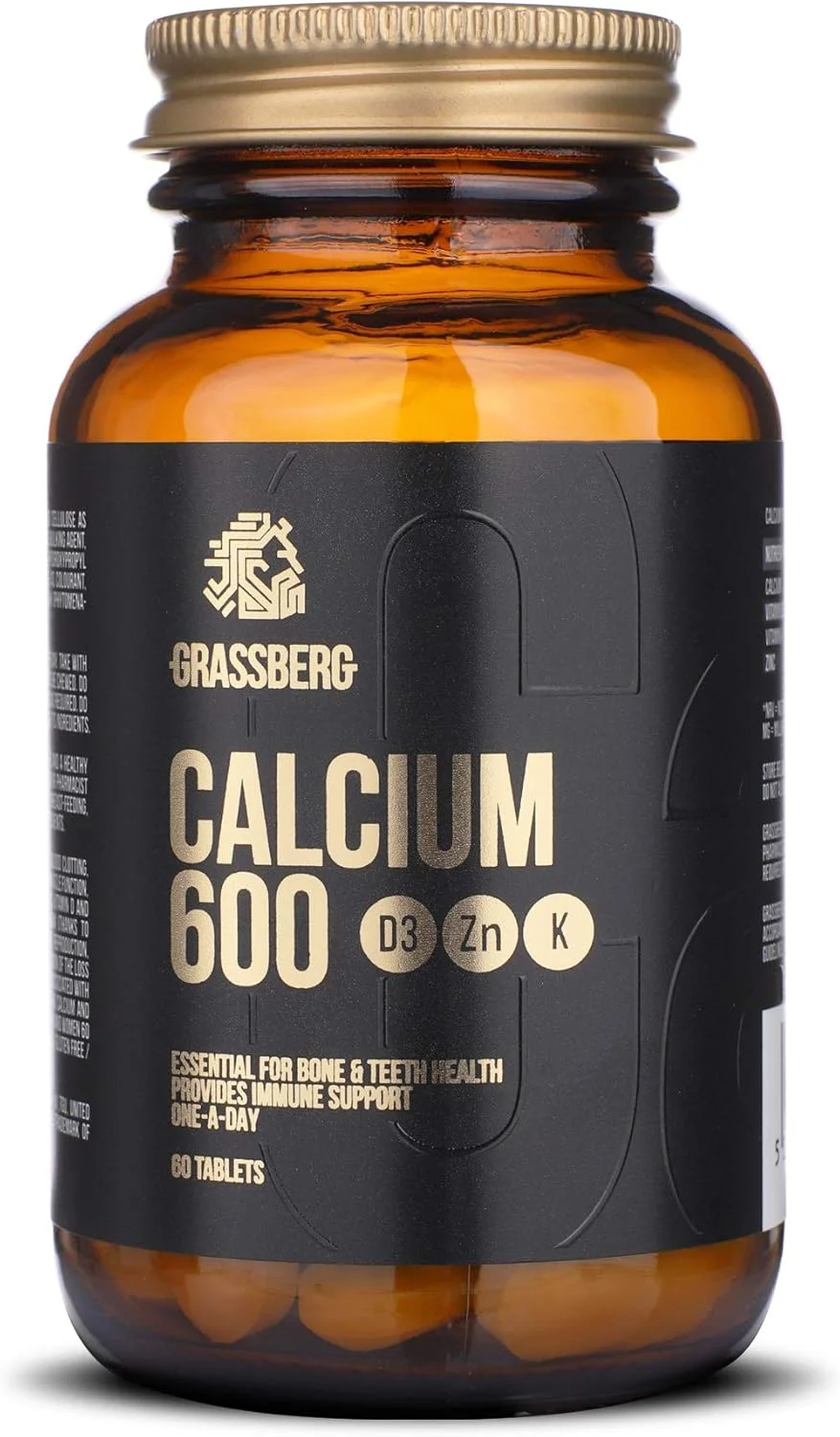مکمل کلسیم 600 میلی گرمی گراسبرگ (60 قرص) | کربنات کلسیم با ویتامین D3، ویتامین K، روی | پشتیبانی از استخوان و سیستم ایمنی برای مردان و زنان | بطری شیشه ای سازگار با محیط زیست | برند بریتانیایی